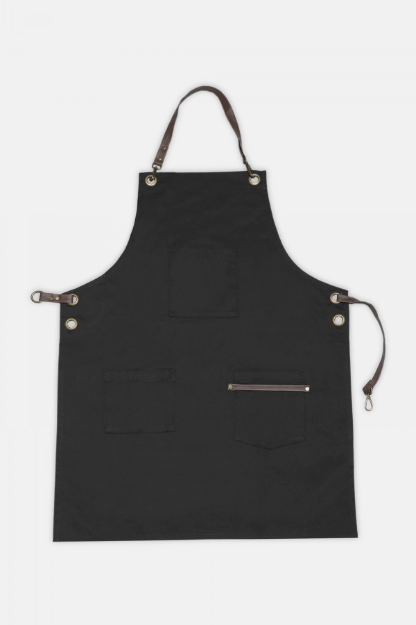 La Suma Leather Detailed Black Bib Apron 3 Patch pocket  34 x 25 inch